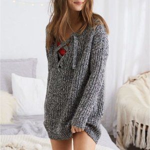 Aerie Oversized Lace-Up Grey Sweater